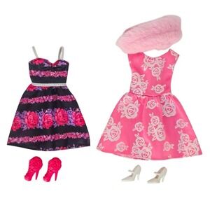 Barbie Pink Floral Party Dresses & Shoes (Set of 2)- Doll Outfit Clothes Lot